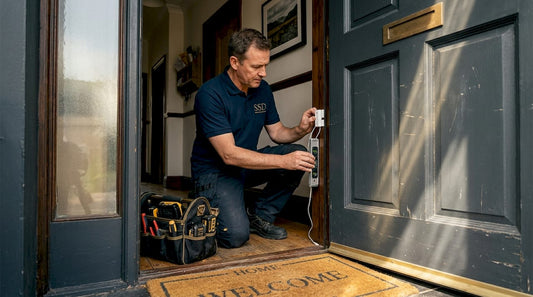Man installing alarm sensor at home entryway