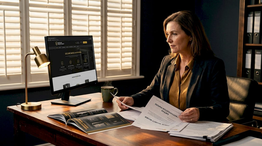 Woman reviewing safe certificates at home office desk