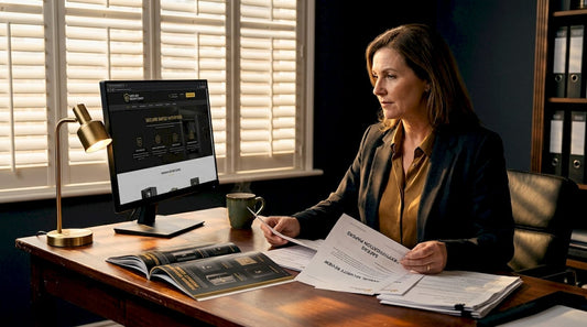 Woman reviewing safe certificates at home office desk