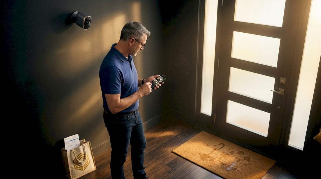 Man checks security camera footage in home foyer