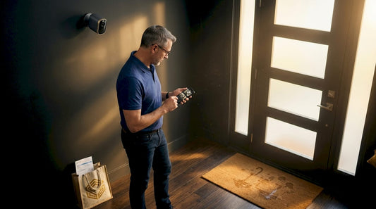 Man checks security camera footage in home foyer