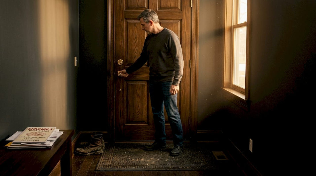 Homeowner double-checking front door lock