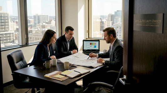 Office team reviewing security plan at table