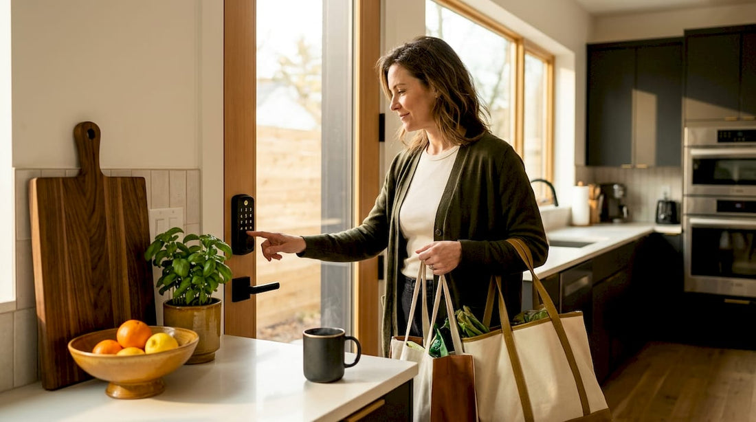 Person unlocking door with electronic keypad