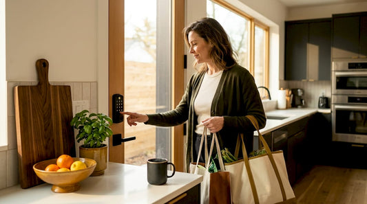 Person unlocking door with electronic keypad