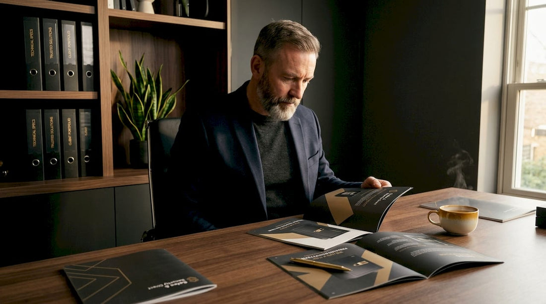 Man reviewing security safe brochures in home office