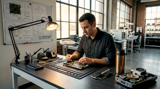 Engineer inspecting secure hardware circuit board