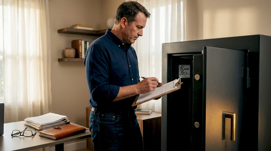 Man inspecting certification on fire-resistant safe