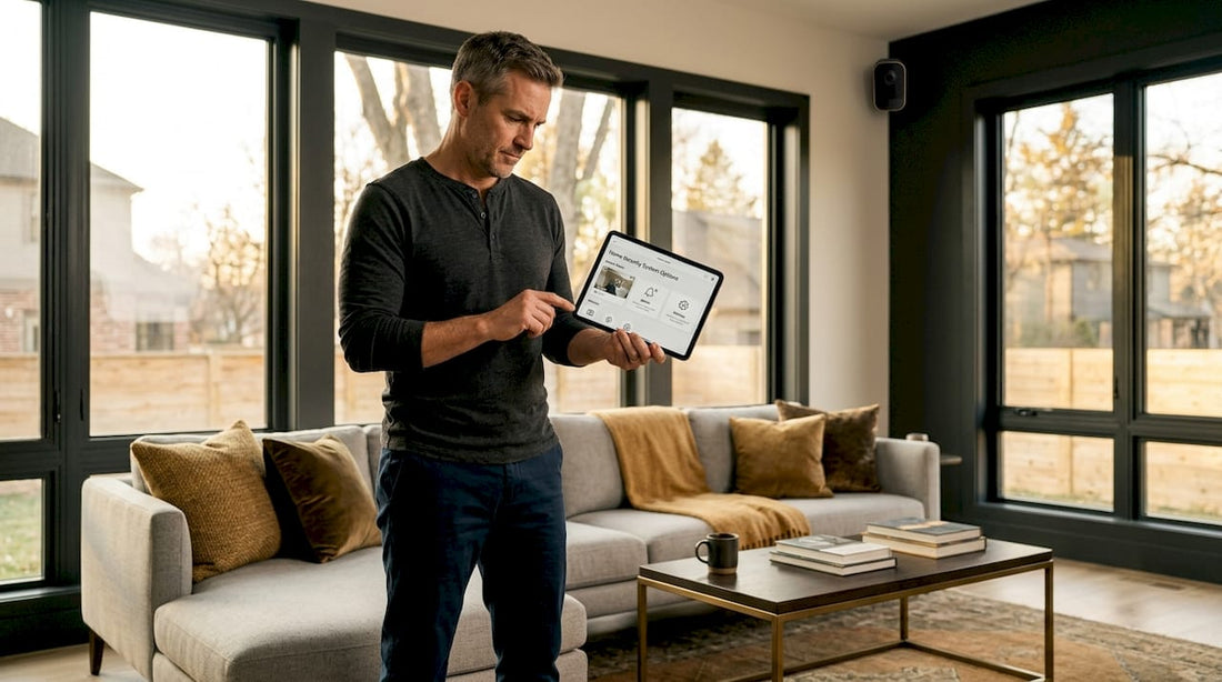 Man comparing home security options on tablet