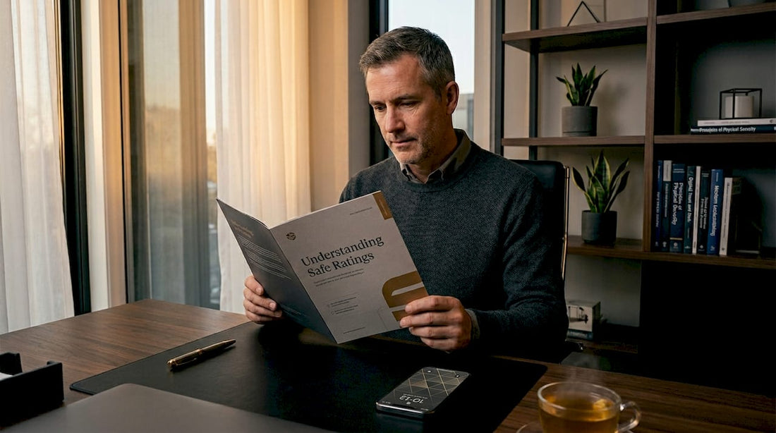 Buyer reading safe rating brochure at home