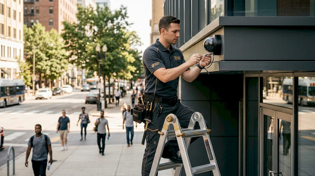 Technician installing security camera outdoors