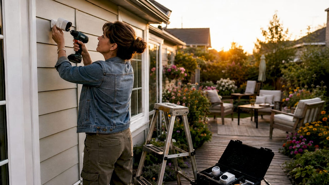 Woman installing home surveillance camera outside