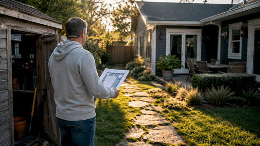 Homeowner inspecting perimeter with surveillance plan