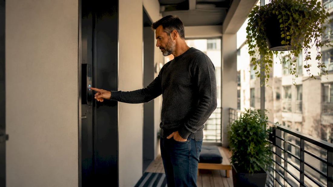 Man using fingerprint scanner on home front door