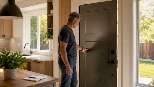 Homeowner inspecting secure front door locks