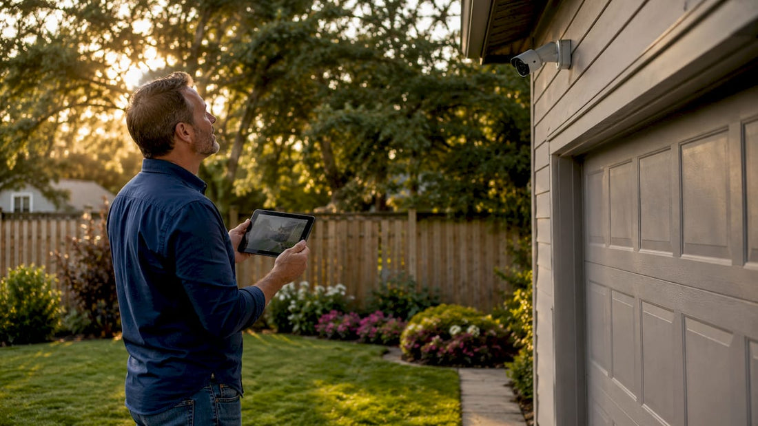 Homeowner inspecting security camera outdoors