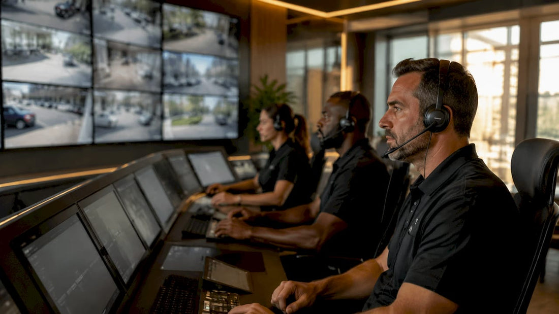 Security team monitoring multiple screens in center