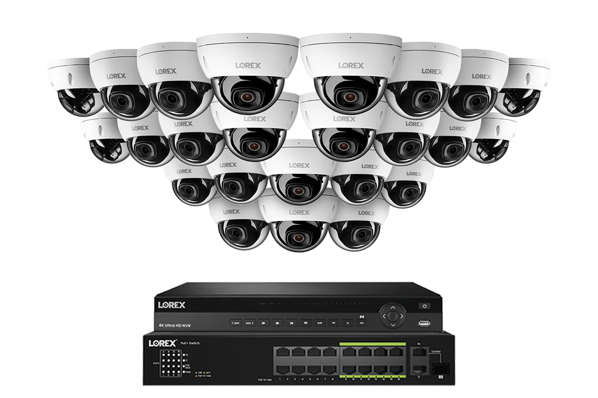 A Series Lorex Elite Series 4K 32 Camera Capable 8TB Wired NVR System with 8MP (4K) A10 IP Dome Cameras