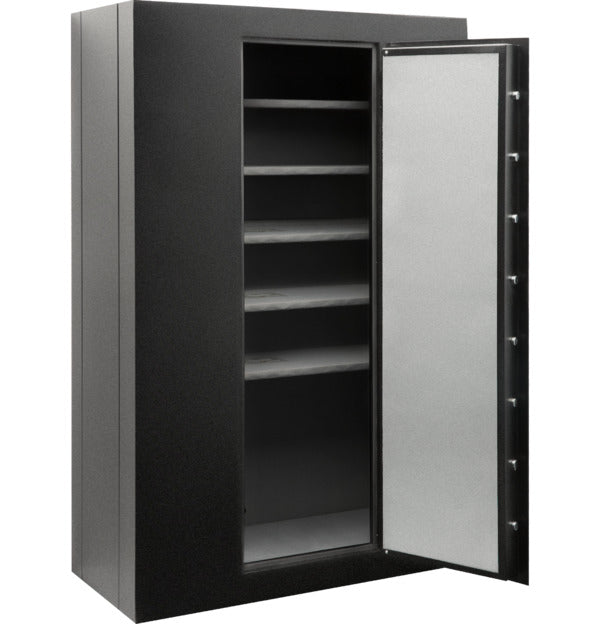 Inside view of a modular safe showing adjustable shelves for storing firearms, documents, and valuables