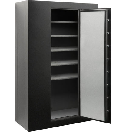 Inside view of a modular safe showing adjustable shelves for storing firearms, documents, and valuables