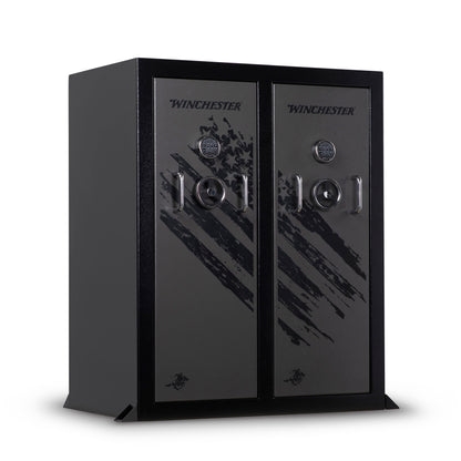 Black Winchester gun safe on a white background