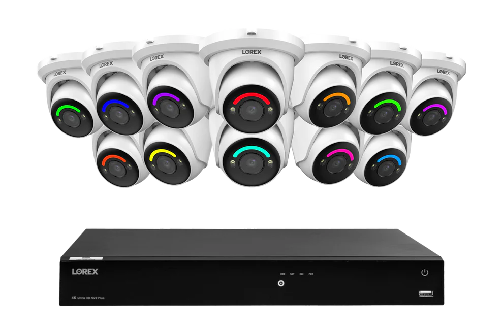 H Series  Lorex Fusion Series 4K 16 Camera Capable (Wired or Fusion Wi-Fi) 4TB Wired NVR System with H12 Wired 4K IP Dome Cameras