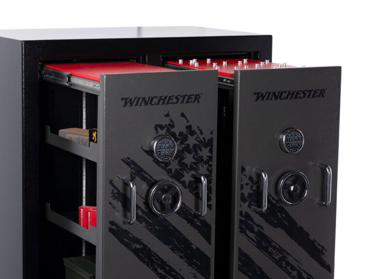 Winchester gun safe with open doors displaying ammunition.