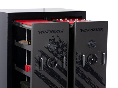 Winchester gun safe with open doors displaying ammunition.