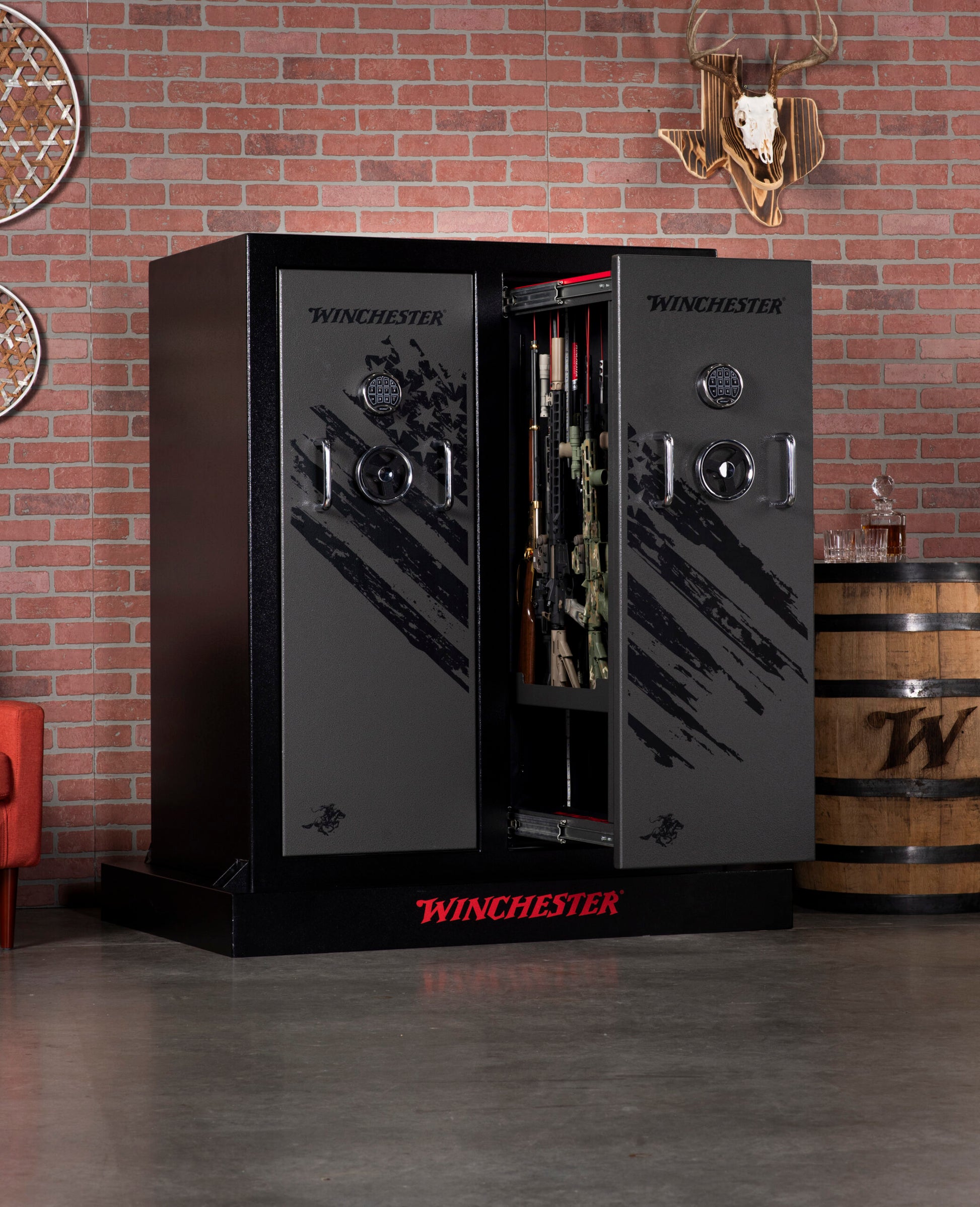 Winchester gun safe in a room with a brick wall and decorative elements.