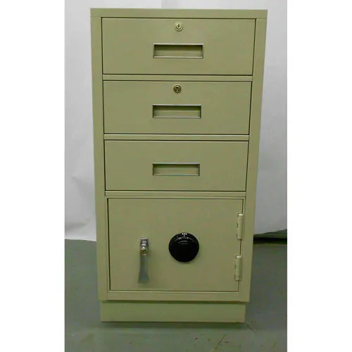 Green metal filing cabinet with multiple drawers on a white background
