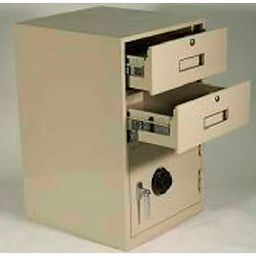 Beige metal file cabinet with open drawers on a white background