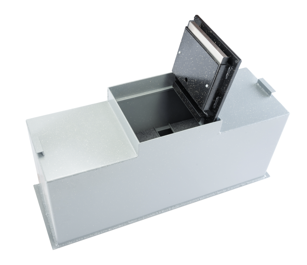 In-Floor Safes FS 16T B C Floor Safe – closed view installed in concrete floor

Open FS 16T B C floor safe showing interior compartment and steel door

Close-up of FS 16T B C floor safe locking mechanism and handle

FS 16T B C floor safe with spring-assisted lift door in open position

In-Floor FS 16T B C safe concealed under floor covering for hidden security
