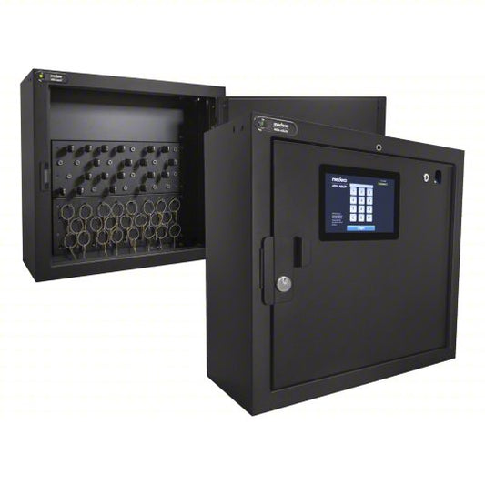 Black electronic safe with digital keypad on a white background