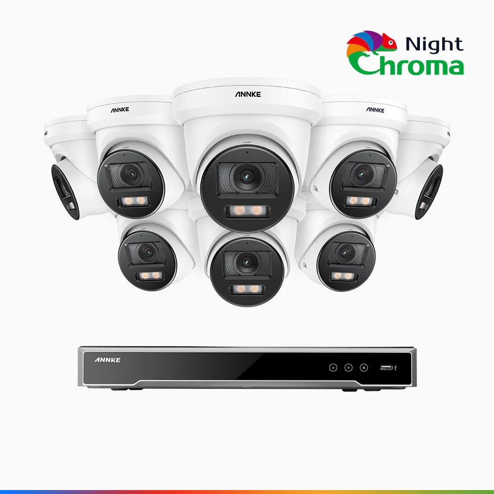 ANNKE NightChromaTM NCK800 – 4K 8 Channel 8 Cameras PoE Security System, f/1.0 Super Aperture, Color Night Vision, 2CH 4K Decoding Capability, Human & Vehicle Detection, Intelligent Behavior Analysis, Built-in Mic, 124° FoV, All-Metal Housing