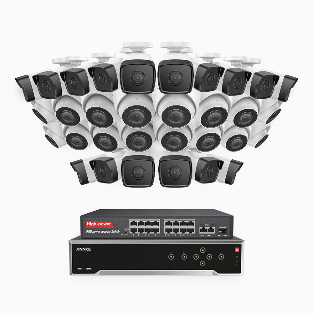 ANNKE H500 - 3K 32 Channel PoE Security System with 16 Bullet & 16 Turret Cameras, EXIR 2.0 Night Vision, Built-in Mic & SD Card Slot, Works with Alexa, 16-Port PoE Switch Included ,IP67 Waterproof, RTSP Supported