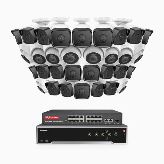 ANNKE H500 - 3K 32 Channel PoE Security System with 22 Bullet & 10 Turret Cameras, EXIR 2.0 Night Vision, Built-in Mic & SD Card Slot, Works with Alexa, 16-Port PoE Switch Included ,IP67 Waterproof, RTSP Supported