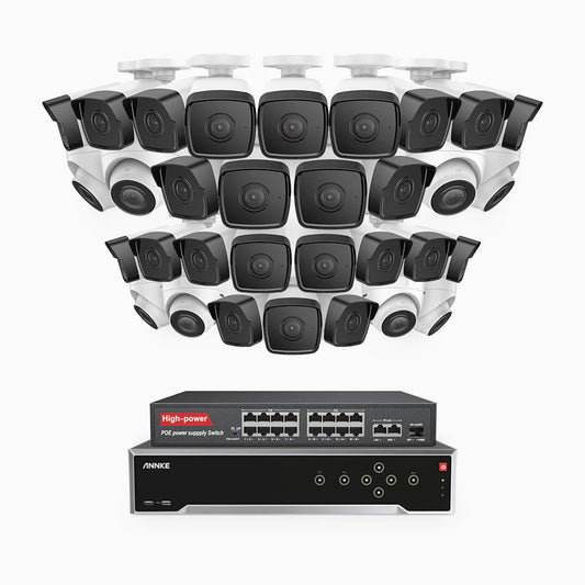 ANNKE H500 - 3K 32 Channel PoE Security System with 24 Bullet & 8 Turret Cameras, EXIR 2.0 Night Vision, Built-in Mic & SD Card Slot, Works with Alexa, 16-Port PoE Switch Included ,IP67 Waterproof, RTSP Supported