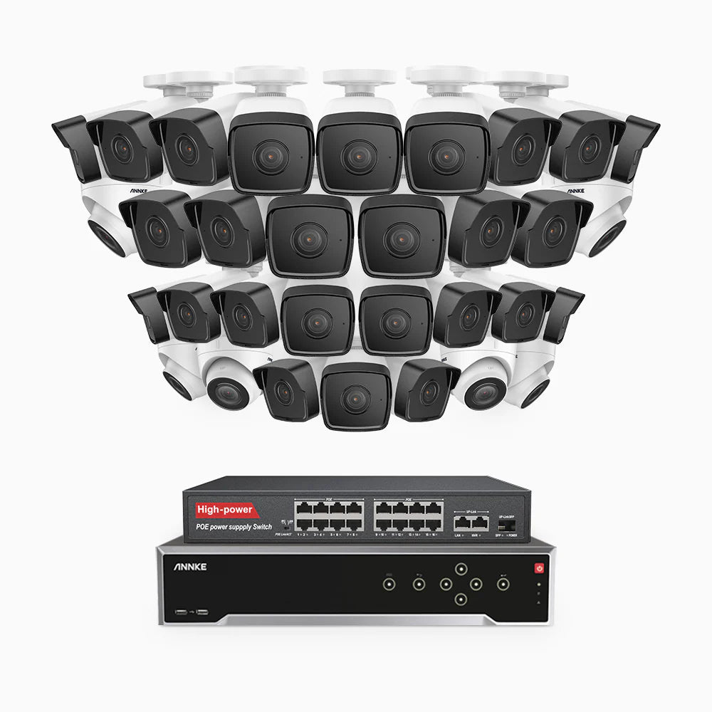 ANNKE H500 - 3K 32 Channel PoE Security System with 26 Bullet & 6 Turret Cameras, EXIR 2.0 Night Vision, Built-in Mic & SD Card Slot, Works with Alexa, 16-Port PoE Switch Included ,IP67 Waterproof, RTSP Supported