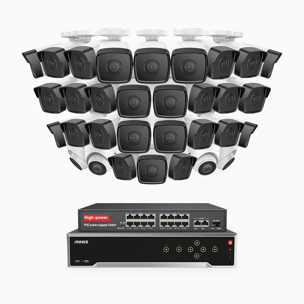 ANNKE H500 - 3K 32 Channel PoE Security System with 28 Bullet & 4 Turret Cameras, EXIR 2.0 Night Vision, Built-in Mic & SD Card Slot, Works with Alexa, 16-Port PoE Switch Included ,IP67 Waterproof, RTSP Supported
