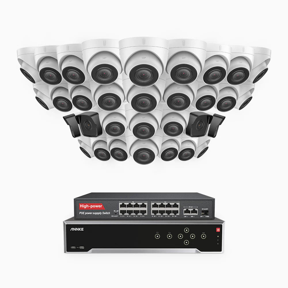 ANNKE H500 - 3K 32 Channel PoE Security System with 4 Bullet & 28 Turret Cameras, EXIR 2.0 Night Vision, Built-in Mic & SD Card Slot, Works with Alexa, 16-Port PoE Switch Included ,IP67 Waterproof, RTSP Supported
