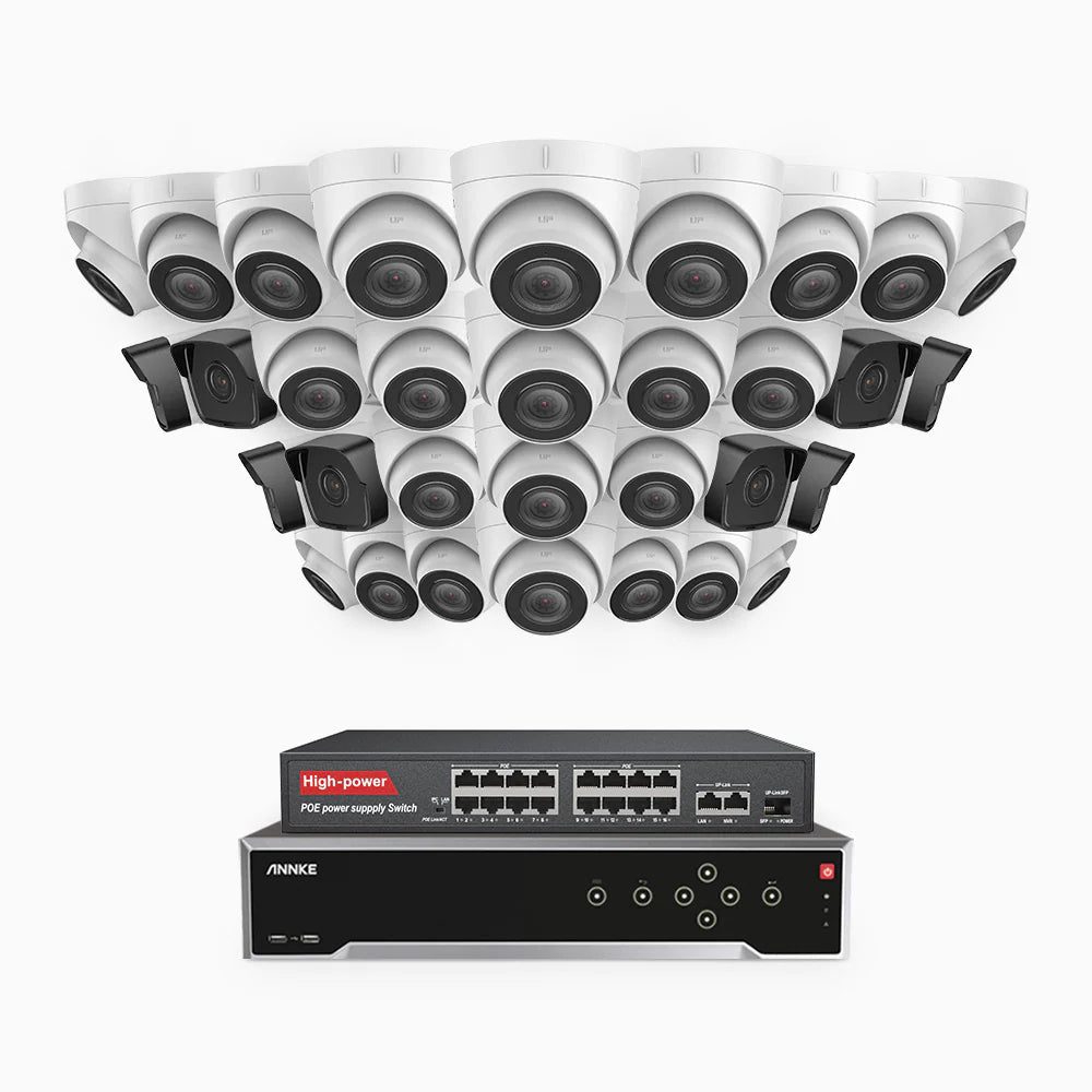 ANNKE H500 - 3K 32 Channel PoE Security System with 8 Bullet & 24 Turret Cameras, EXIR 2.0 Night Vision, Built-in Mic & SD Card Slot, Works with Alexa, 16-Port PoE Switch Included ,IP67 Waterproof, RTSP Supported