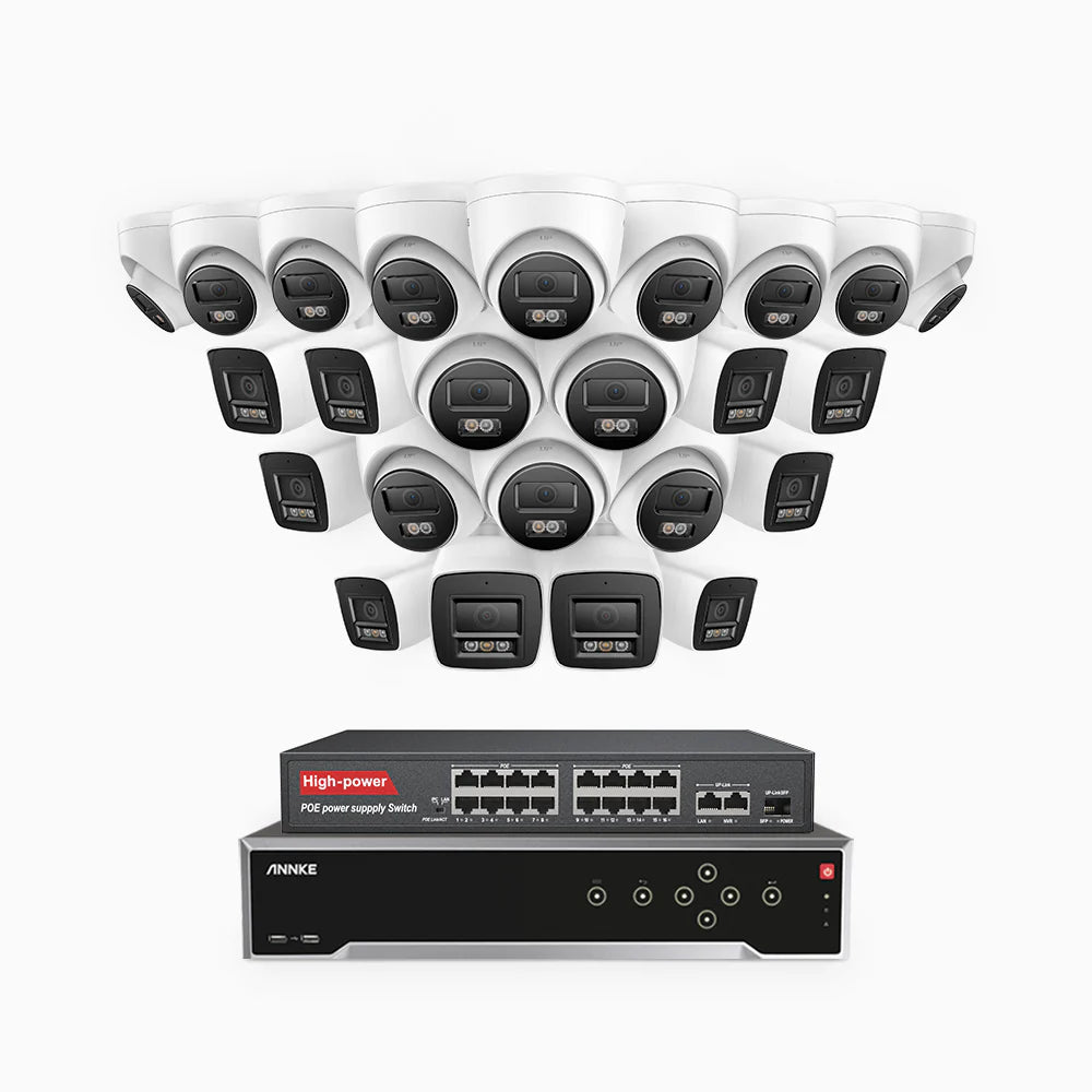 ANNKE H800 - 4K 32 Channel PoE Security System with 10 Bullet & 14 Turret Cameras, Human & Vehicle Detection, Color & IR Night Vision, Built-in Mic, RTSP Supported, 16-Port PoE Switch Included