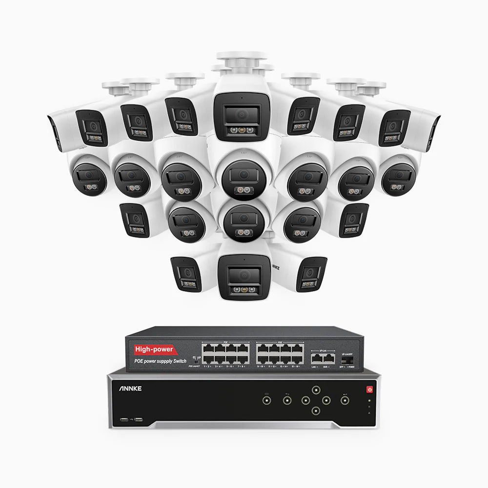 ANNKE H800 - 4K 32 Channel PoE Security System with 14 Bullet & 10 Turret Cameras, Human & Vehicle Detection, Color & IR Night Vision, Built-in Mic, RTSP Supported, 16-Port PoE Switch Included