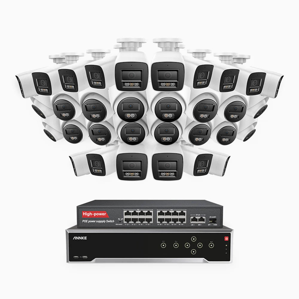 ANNKE H800 - 4K 32 Channel PoE Security System with 16 Bullet & 16 Turret Cameras, Human & Vehicle Detection, Color & IR Night Vision, Built-in Mic, RTSP Supported, 16-Port PoE Switch Included