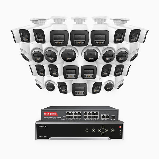 ANNKE H800 - 4K 32 Channel PoE Security System with 20 Bullet & 12 Turret Cameras, Human & Vehicle Detection, Color & IR Night Vision, Built-in Mic, RTSP Supported, 16-Port PoE Switch Included