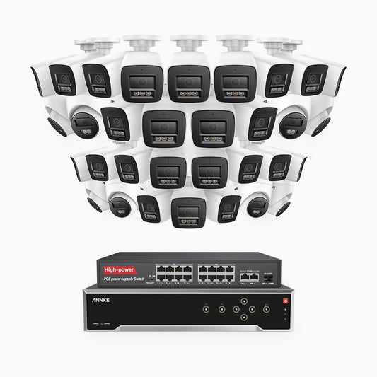 ANNKE H800 - 4K 32 Channel PoE Security System with 24 Bullet & 8 Turret Cameras, Human & Vehicle Detection, Color & IR Night Vision, Built-in Mic, RTSP Supported, 16-Port PoE Switch Included