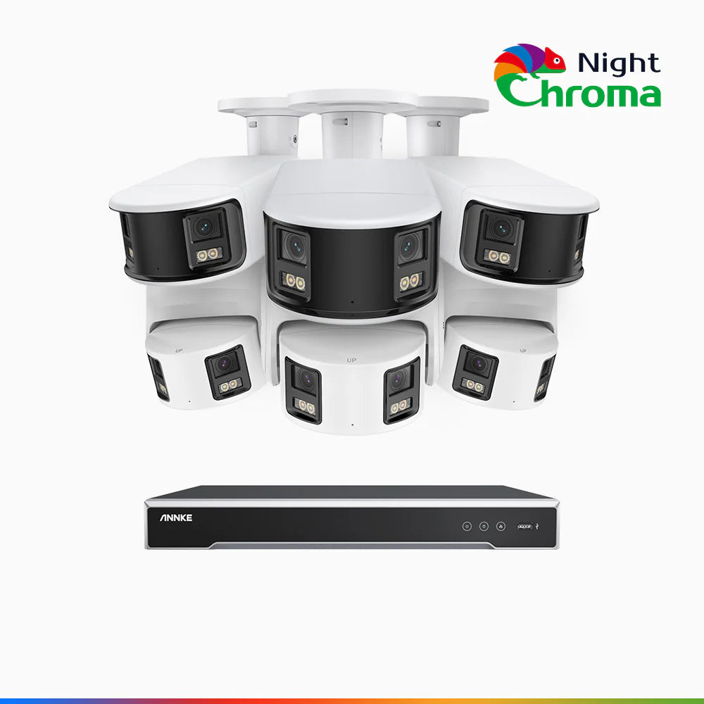 ANNKE NightChromaTM NDK800 – 4K 16 Channel Panoramic Dual Lens PoE Security System with 3 Bullet & 3 Turret Cameras, f/1.0 Super Aperture, Acme Color Night Vision, Active Siren and Strobe, Human & Vehicle Detection, Built-in Mic ,Two-Way Audio