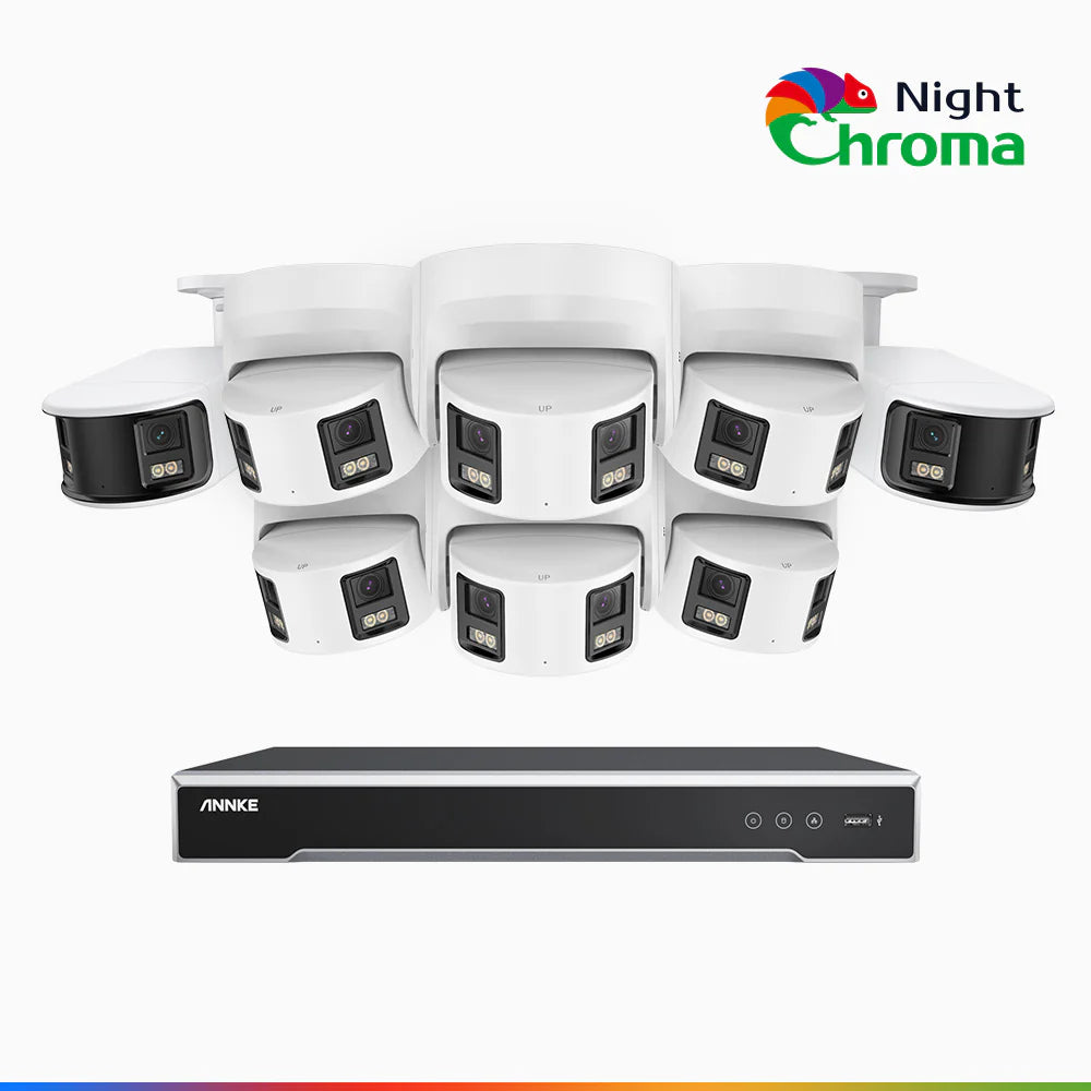 ANNKE NightChromaTM NDK800 – 4K 16 Channel Panoramic Dual Lens PoE Security System with 2 Bullet & 6 Turret Cameras, f/1.0 Super Aperture, Acme Color Night Vision, Active Siren and Strobe, Human & Vehicle Detection, Built-in Mic ,Two-Way Audio