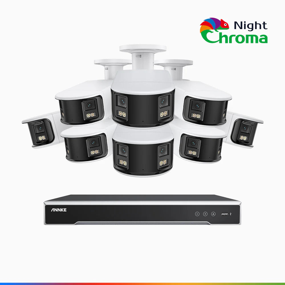 ANNKE NightChromaTM NDK800 – 4K 16 Channel 8 Panoramic Dual Lens Cameras PoE Security System, f/1.0 Super Aperture, Acme Color Night Vision, Active Siren and Strobe, Human & Vehicle Detection, 2CH 4K Decoding Capability, Built-in Mic ,Two-Way Audio