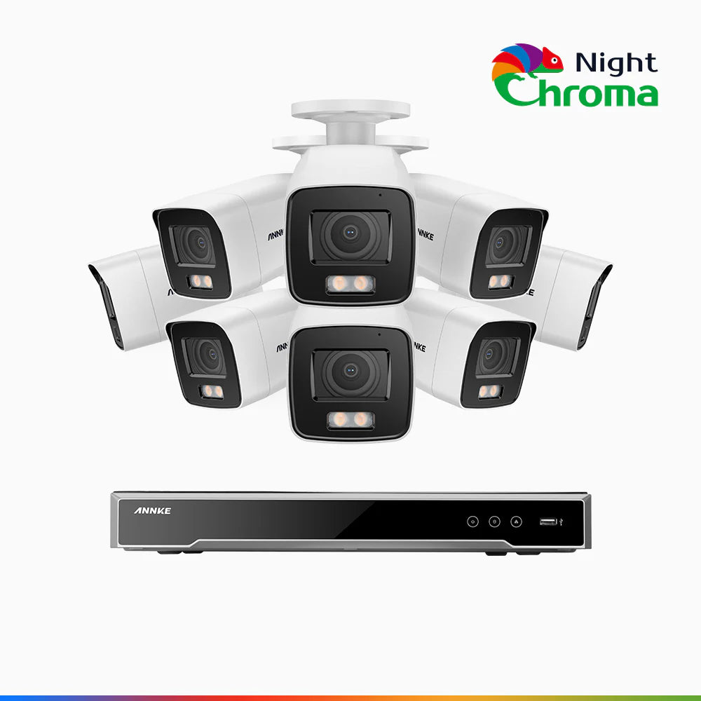 ANNKE NightChromaTM NCK800 – 4K 16 Channel 8 Cameras PoE Security System, f/1.0 Super Aperture, Color Night Vision, 2CH 4K Decoding Capability, Human & Vehicle Detection, Intelligent Behavior Analysis, Built-in Mic, 124° FoV, All-Metal Housing